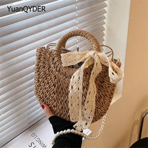 2021 New Women Hand Woven Straw Bag Moon Shape Lace Bow Wicker Drawstring Large Capacity Casual Beach Crossbody Shoulder Bag Sac