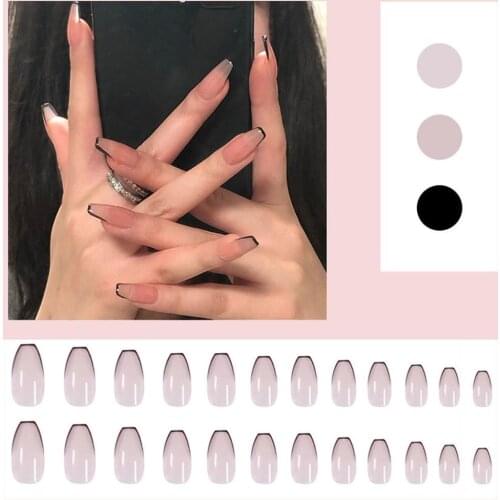 24Pcs French Black Tips False Nails With Glue Nails Extension System Full Cover DIY Nail Salon Removable Nail Patch Nail Tools