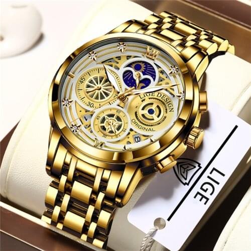 2021 LIGE Fashion Mens Watches Top Brand Luxury Wrist Watch Quartz Clock Gold Watch Men Waterproof Chronograph Relogio Masculino