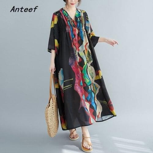 Black chiffon vintage floral dresses for women causal loose long summer dress elegant clothes 2021