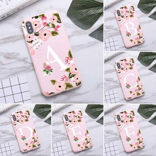 Flower Wreath Frame Classy Girl Initials Alphabet Phone Case for iPhone 12 mini 11 Pro Max Matte Candy Pink Silicone Cases