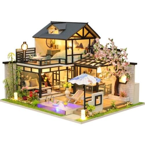 Kids Toys Wooden Block DIY Doll House Ancient Style Villa Model Building Kit Mini Cabin Toy Birthday Christmas Children Gift