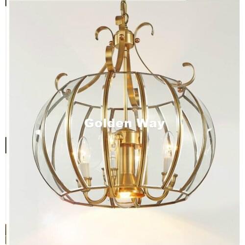 European Brass 4L D430mm H490mm 40W Brass Pendant Lamp, 4Lights, Vintage 100% Copper Glass AC110V/220V Glass Shade Pendant Light