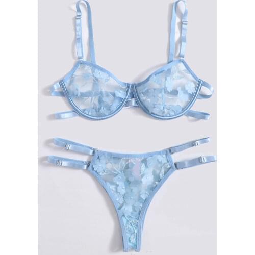 Lingerie Set See Through Underwear Flower Appliques Robe Bra and Panty Set Blue Transparent Lenceria Bralette Cute Women Wear