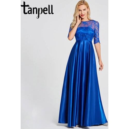 Tanpell lace evening dresses royal blue scoop neck half sleeves floor length a line gown women backless formal long evening gown