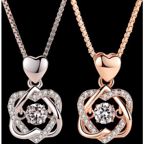 Fashion Romantic Double Heart Flower Pendant Necklace with Zircon Rose Gold/Silver Color Necklace For Women Jewelry