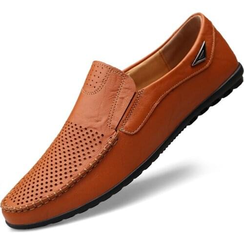 Italian Men Shoes Casual Luxury Summer Mens Loafers Genuine Leather Moccasins Hollow Out Breathable Slip on Driving Shoes