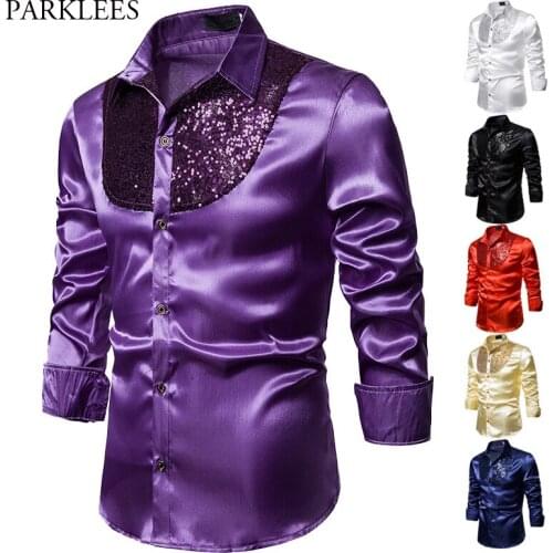 Purple Sequin Patchwork Silk Shirt Men 2020 Fashion Western Boy Style Satin Mens Dress Shirts Disco Dance Stage Prom Costume 2XL