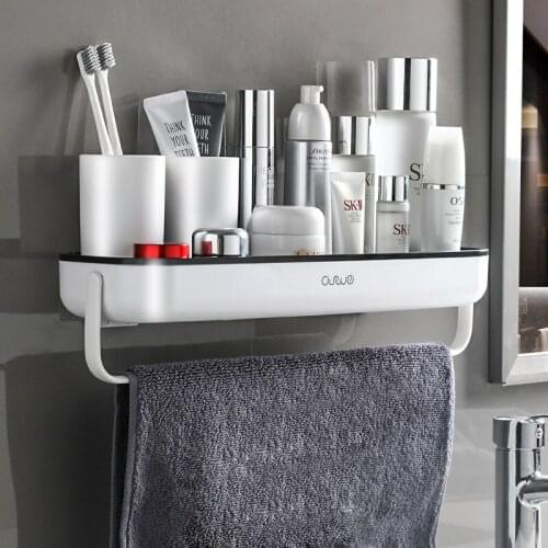 Wall-mounted Bathroom Rack Storage Rack With Towel Rod For Kitchen Household Organizer For Bathroom Accessories Without Drill
