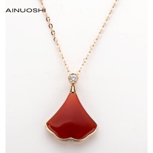 AINUOSHI 18K Rose Gold 0.046ct Real Diamond Red Agate Skirt Contrast Pendant Necklace for Women Wife Girlfriend Gift 18