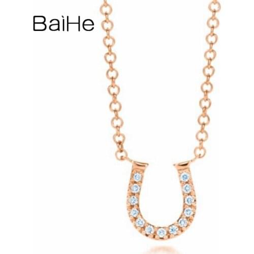 BAIHE Solid 18K Rose Gold 0.04ct Round Natural Diamonds Anniversary Trendy Jewelry Gift Delicate U-shaped diamond Necklaces
