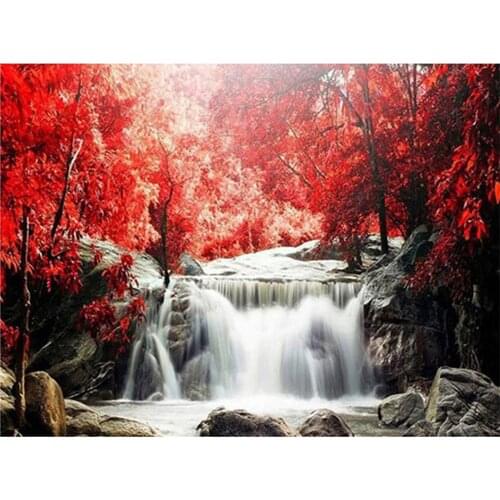 Landscape Nature Waterfall Red Leaves 14CT Cross-Stitch Set DIY Embroidery Handiwork Craft Needlework Hobby Magic Sales Stamped