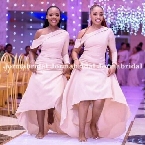 Full Length Mermaid Bridesmaid Dresses Africa Women One Shoulder Long Sleeves Brides Maid Of Honor Dress Simple Party Gowns