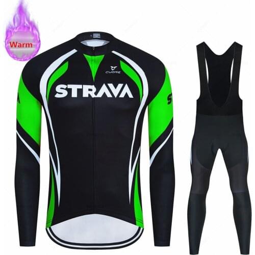 Strava Winter Thermal Fleece Men Cycling Clothes Men Jersey Suit Outdoor Bike MTB Cycling Clothing Bib Pants Set Bike Jersey Set
