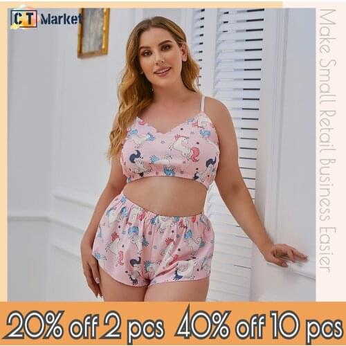 Plus Size Unicorn Cartoon Cami Top Loose Shorts Sweet Sleepwear Wholesale Pajamas Women Silk Homewear Large CT13035
