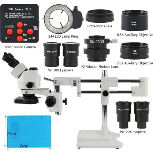 Double Boom Arm Stand Zoom 3.5X-90X Simal-focal Stereo Trinocular Microscope 16MP HDMI 4G TF Camera 144pc LED Ring Illumination