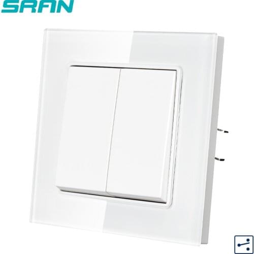 SRAN EU Light Switch 2Gang 2Way 16A 250V Crystal Tempered Glass Panel White 82mm * 82mm Wall Switch Eu F6KG006