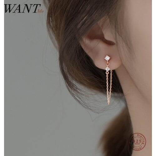 WANTME 925 Sterling Silver Fashion Korean Unique Tassel Chain Zircon Stud Earrings for Women Charming Party Piercing Jewelry