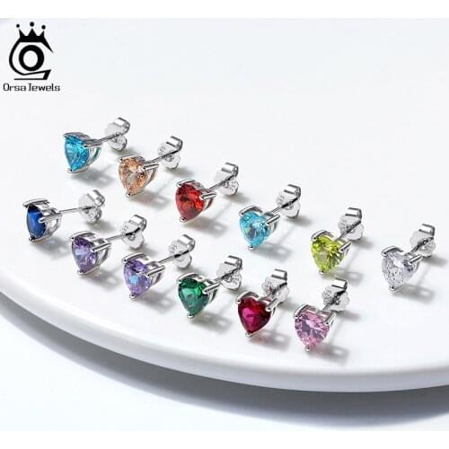 ORSA JEWELS 925 Sterling Silver Stud Earrings Month Lucky Birthstone Brilliant Cubic Zirconia Earring for Women Jewelry APE32