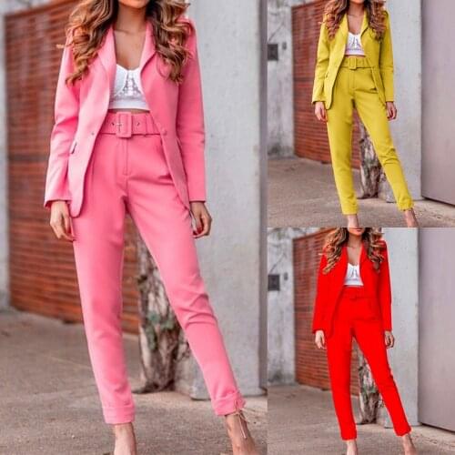 Long and Blazer Sets for Women Single-breasted Solid Two-piece Office Suits Long Sleeves with Belt Suit Top Jacket Trousers Set