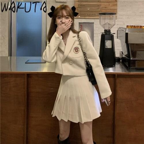 WAKUTA College Style Cropped Two Buttons Cardigan and Pleated Mini Skiet 2 Piece Set for Girls Korean Japan Fashion Preppy Suit