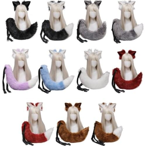 066C Women Fluffy Animal Ears Headdress Tail Set Plush Lolita Headband Anime for Halloween Christmas Cosplay Accessories