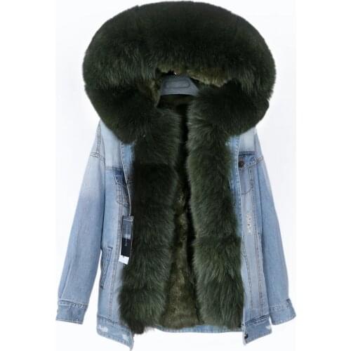2020 real fur coat big natural fox fur collar winter jacket rabbit fur liner women detachable Denim jacket
