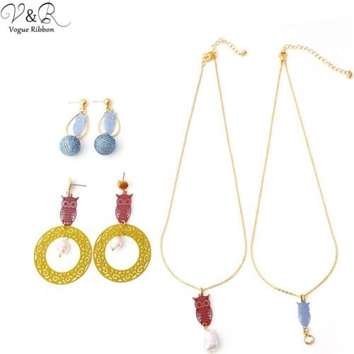2020 New Arrival Diy Package Girl Jewelry Set Making Necklace And Earring Set With Hollow Metal Owl Simulated Pearl Bead Charms