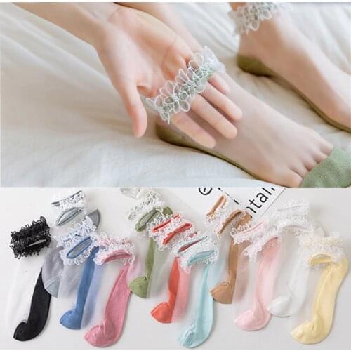 3 Pairs Womens Transparent Lace Short Socks Summer Cotton Thin Hollow Ankle Socks Slippers Female Soft Non-slip Invisible Socks