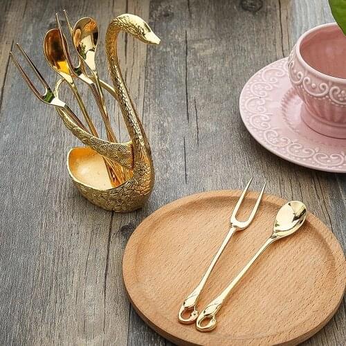 7 Pcs Swan Base Holder Spoons/fork Set Stainless Steel Salad Dessert Forks Coffee Spoon Cake Tableware Table Forks Dinner Set