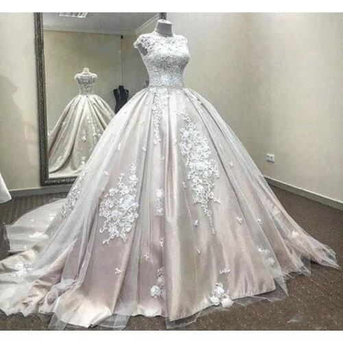 Satin Ball Gown Wedding Dresses Jewel Neck Lace Applique Tulle Sleeveless Court Train Bridal wedding Gowns Vestidos De Noiva