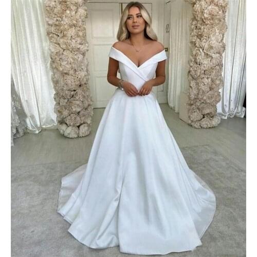 2021 New arrival Satin Wedding Dresses V Neck Off Shoulder Button Back A Line Bridal Gowns Vestido De Noiva Bride Dresses