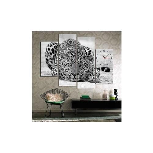 B/W Leopard In Wait Modern Wall Clock On Quality Canvas Prints Set Of 4 FRAMED