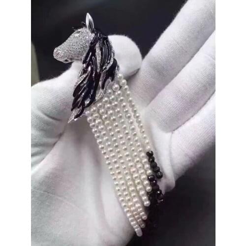 Natural small fresh water pearl tassels brooch pins 925 sterling silver with cubic zircon head of horse brooch pins fashion