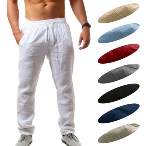New Mens Solid Color Sports Pants Casual Cotton and Linen Jogging Pants Breathable Drawstring Pants