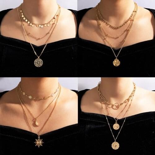 Docona Punk Sunflower Portrait Pendant Necklace for Women Gothic Multilayer Round Geometry Necklace Party Jewelry Acessories