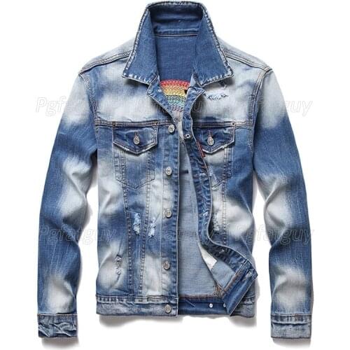 Mens Jeans Jacket Outwear Male Cowboy Coats XXXL Autumn Winter Ripped White Embroidered Denim Jacket Trendy Fashion Stretch Tops