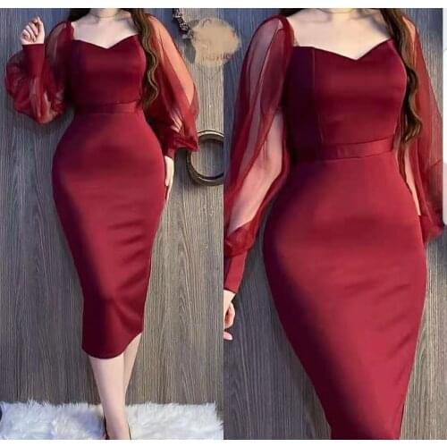 Elegant Long Sleeve Mermaid Short Evening Dresses Burgundy Tea Length Zipper V-Neck Abendkleider Formal Party Dress for Women