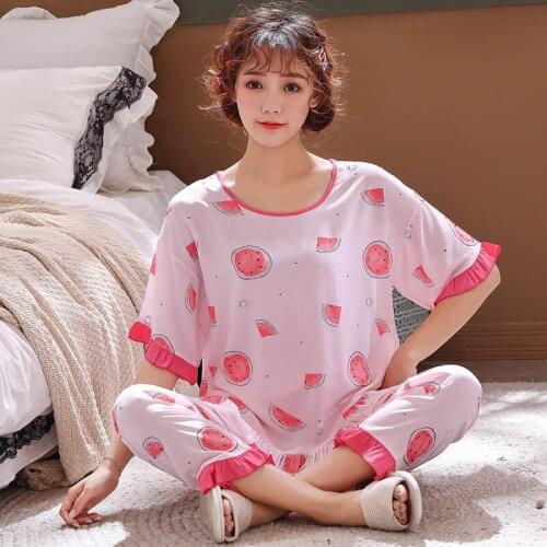 Cotton Cute Cartoon 2PCS Sleepwear Women Pajamas Set Summer Casual Print Nightwear Bathrobe Gown Sexy Short Sleeve Sleep Set