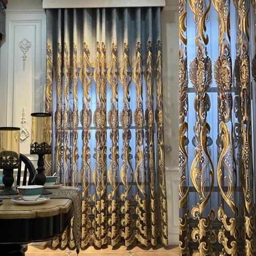 Royal classic aristocratic Blue embroidered high quality Blackout Curtains for Living Room with luxury Voile Curtain for Bedroom