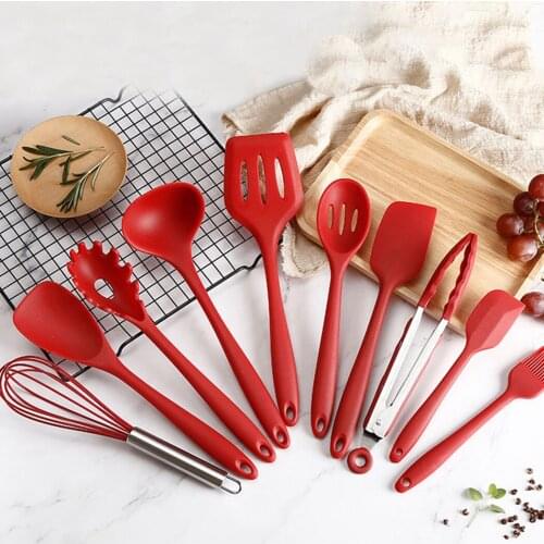 Red Kitchen Utensil Premium Silicone Stainless Steel Utensil Heat-Resistant Non-Stick Safe Cookware Home Tool Kitchen Supplies