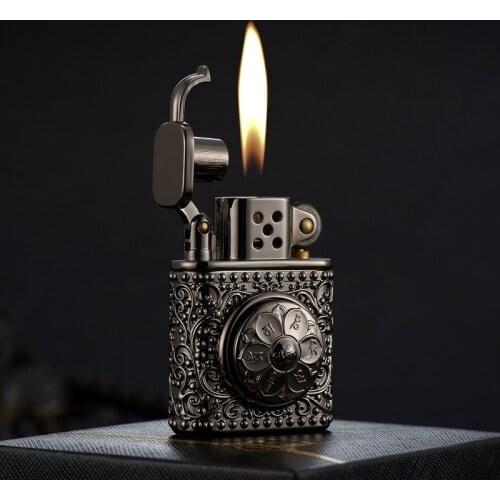 Creative Retro Open Flame Windproof Kerosene Lighter Vintage Carved Snow Lotus Rocker Arm Lighters Gadget for Boyfriend Gift