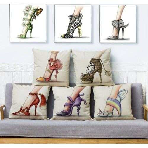 Creative Hand-painted High Heels Cushion Cover Beige Linen Pillow Covers 45*45 Square Throw Pillows Cases Home Decor Pillowcase
