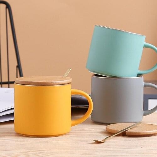 Simple Ins Wind Wooden Lid Mug With Lid Spoon Creative Cute Ceramic Cup Simple Water Cup Coffee Cup Milk Cup Couple Water Cup