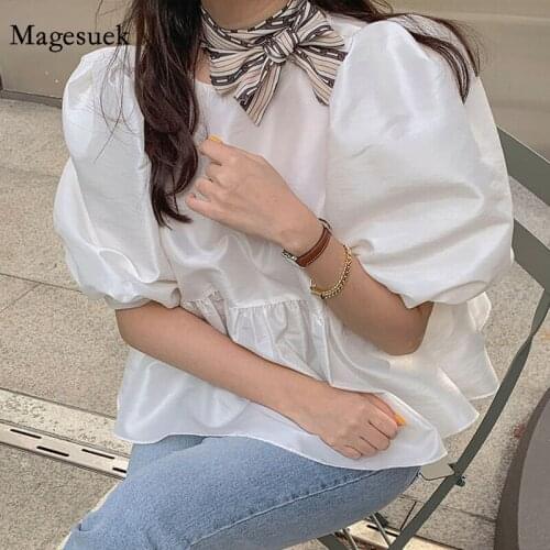Summer Short Puff Sleeve White Shirt Blouse Women Chic Pleated Patchwork O Neck Ladies Tops Korean Sweet Loose Woman Shirt 13551