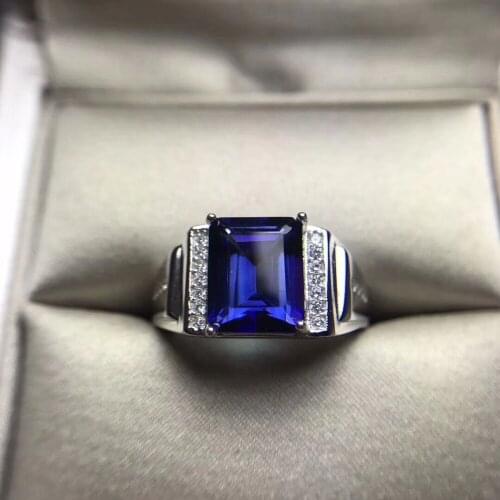 Natural Topaz Stone Solid Silver 925 Rings Men Square Natural Blue Stone Rings Male Jewelry Top Quality Cutting Cuff Ring Gifts