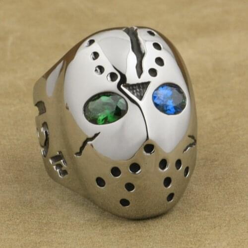 316L Stainless Steel Jason Hockey Green Blue CZ Eyes Mens Ring 3F401A