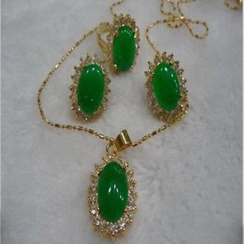 New Womens Fashion jewelry beautiful green necklace pendant earring ring 7-9 # Set AA2520
