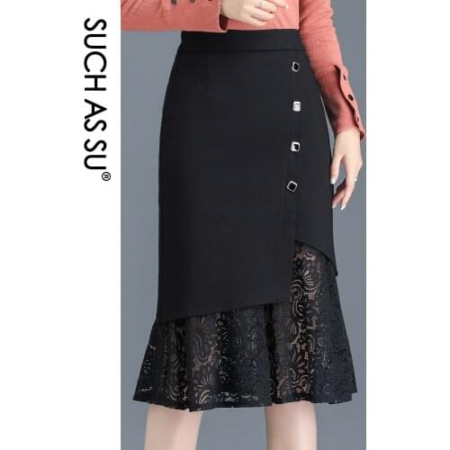 New Mid Long Skirts Women Spring Black Lace Knitted Cotton Patchwork Mermaid Skirt High Waist Ruffle Skirt S-3XL Size Slim Femal