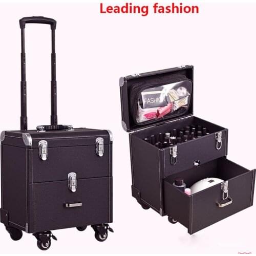 Vintage Professional Makeup Artist Trolley Case Waterproof Travel Black PVC Metal Beauty Manicure Rolling Suitcase Organizer